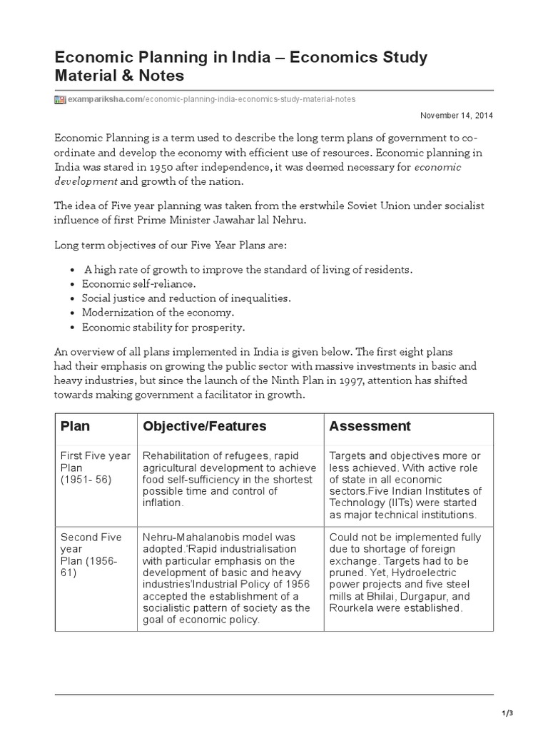 Economic Planning in India Economics Study Material Amp Notes PDF Economic Growth Economies
