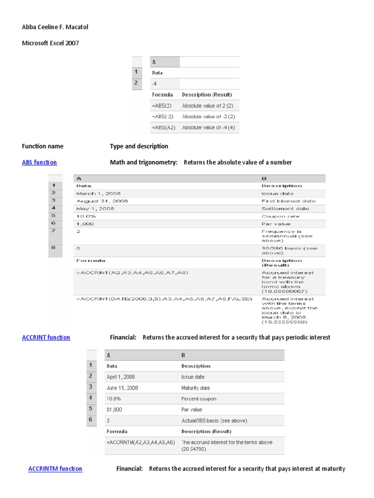 Excel 2007 Functions Guide | PDF | Mathematics | Mathematical Analysis