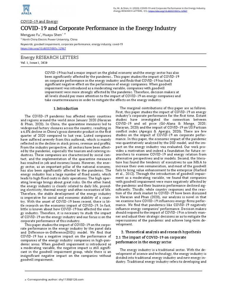 Covid 19 and Corporate Performance in The Energy Industry | PDF ...