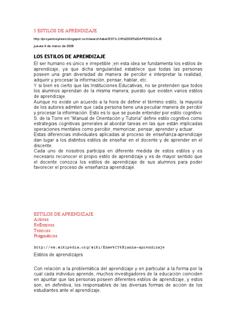 Cinco Estilos de Aprendizaje | PDF | Aprendiendo estilos | Aprendizaje