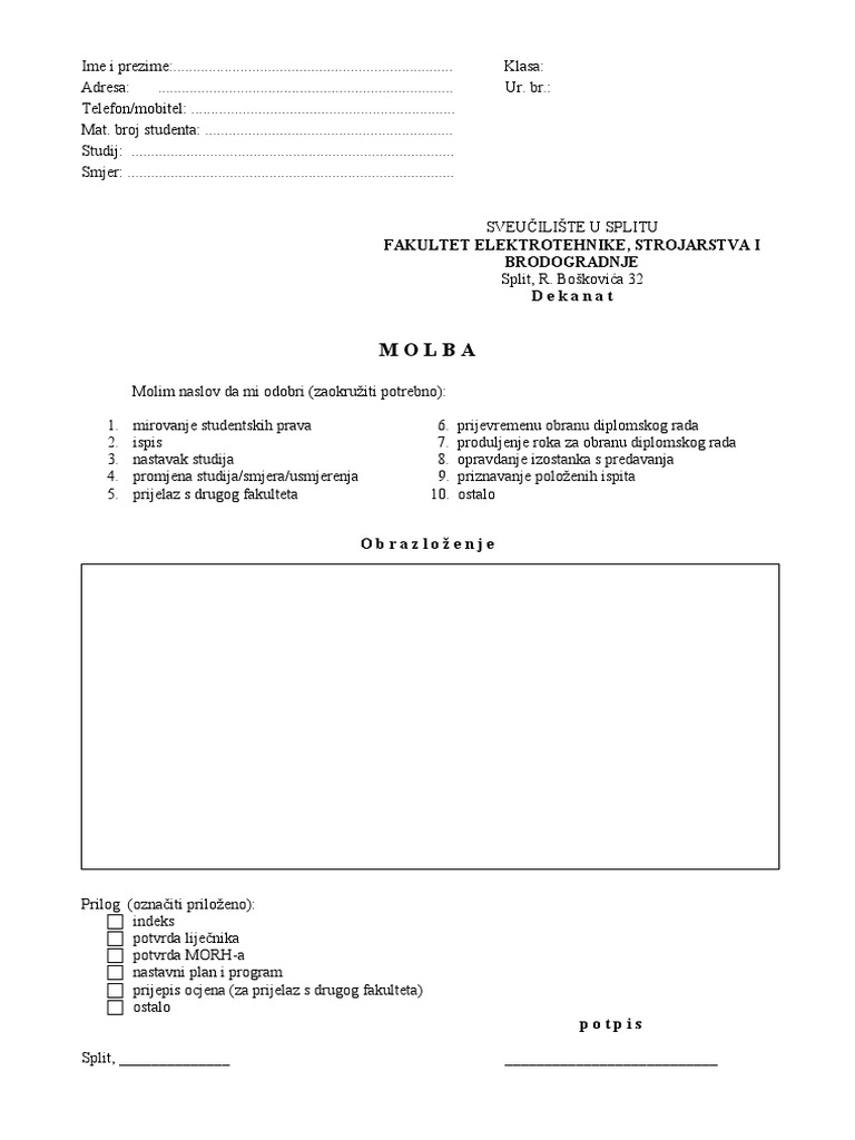 Molba FESB | PDF