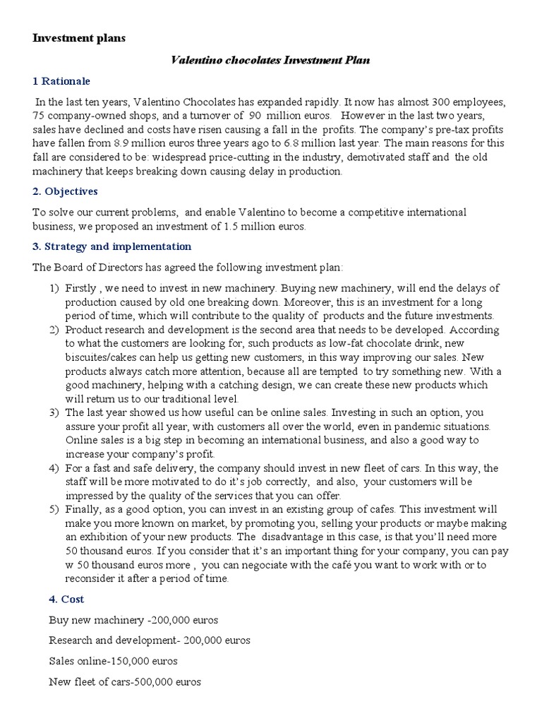 Valentino Chocolates Investment Plan PDF Sales Business Process