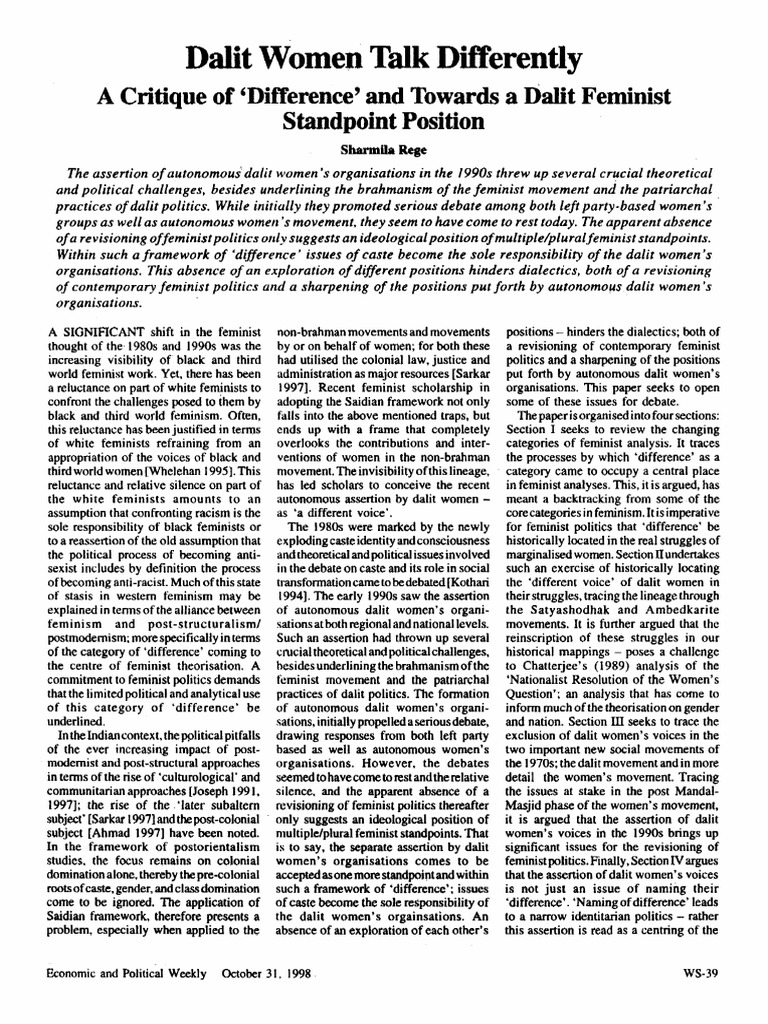 Dalit Women Talk Differently | PDF | Feminism | Gender Studies