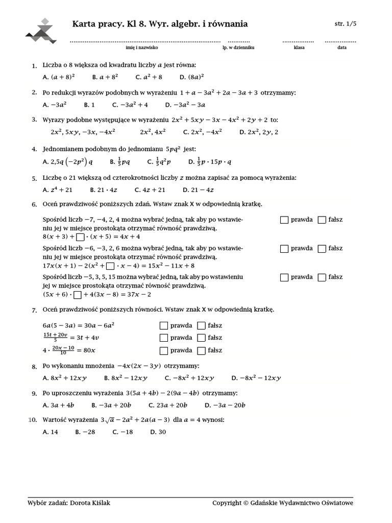 Sprawdzian Z Matematyki Klasa 8 Wyrażenia Algebraiczne I Równania