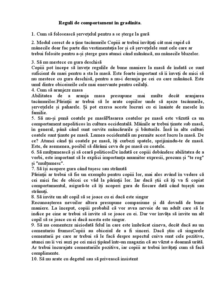 Reguli de Comportament in Gradinita | PDF
