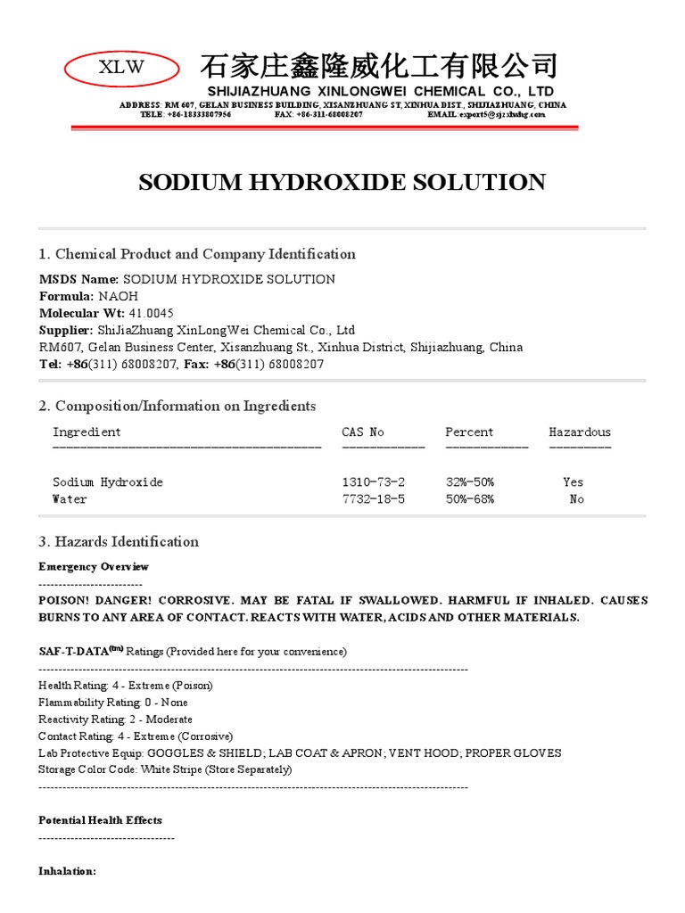 MSDS of Caustic Soda Liquid PDF Sodium Hydroxide Water