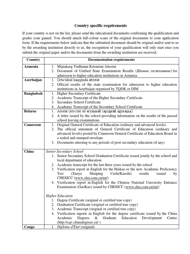 Country-Specific Document Requirements | PDF | Diploma | University And ...