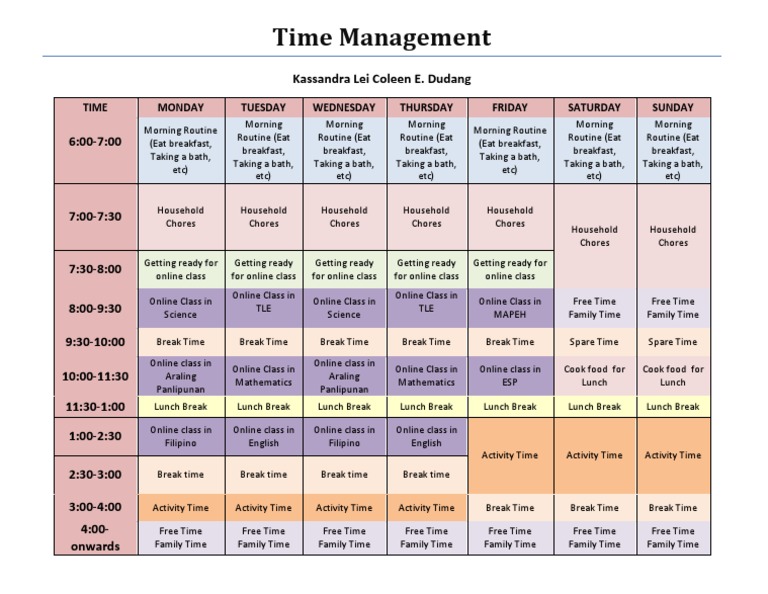 Weekly Time Management Schedule | PDF | Lunch