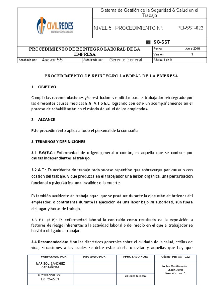 Procedimiento de Reintegro Laboral SST | PDF | Ciencias de la Salud