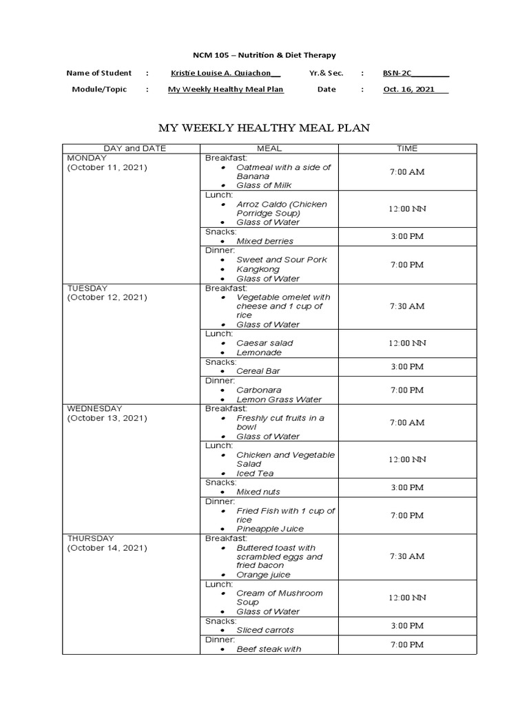 My Weekly Healthy Meal Plan Format - (Quiachon) | PDF | Lunch | Meal