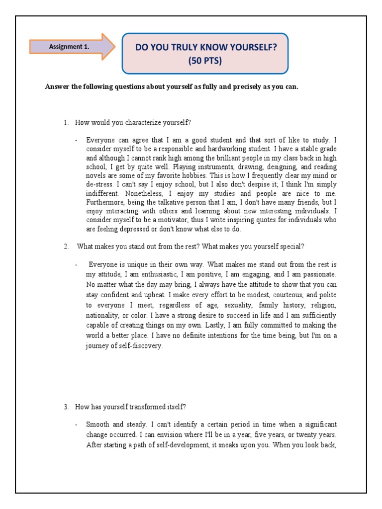 Do You Truly Know Yourself? (50 PTS) : Answer The Following Questions ...