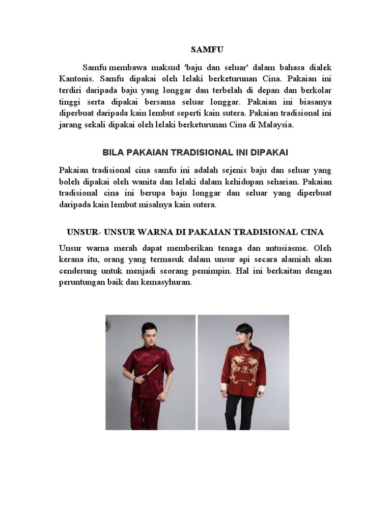 Pakaian Tradisional - Etnik Cina (Samfu) | PDF