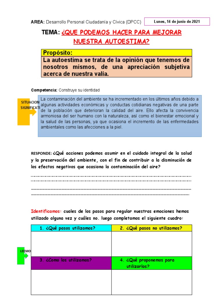 Sesión 3° y 4° DPCC 14 de Junio | PDF | Autoestima | Las emociones