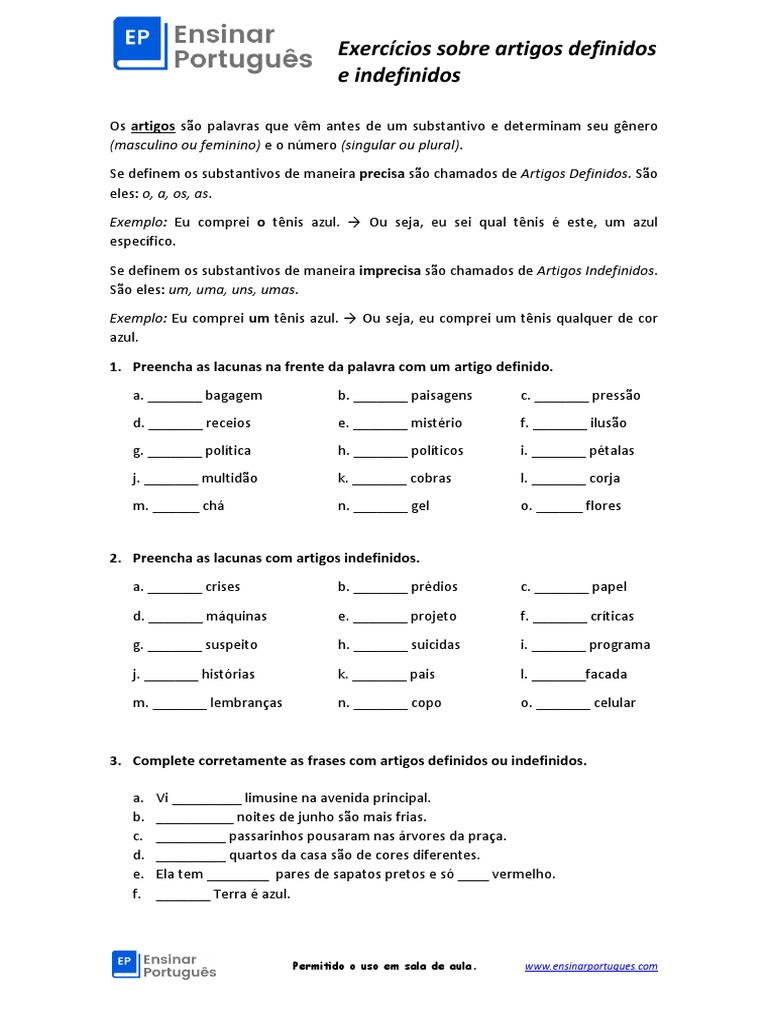 Artigos Definidos e Indefinidos - Exercícios | PDF | Linguística ...