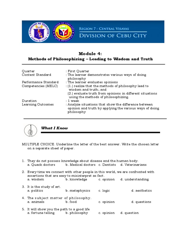 Philosophy Quarter 1 Module 4 Methods of Philosophizing Leading To ...