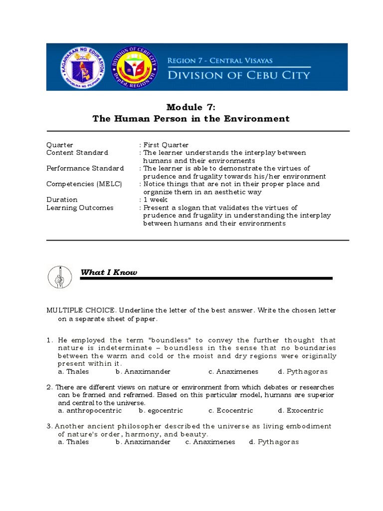 Philosophy Quarter 1 Module 7 Human Person in The Environment | PDF ...