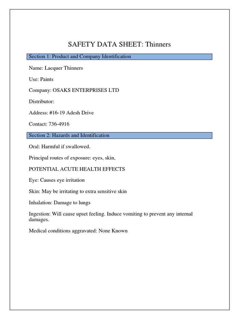 Thinners MSDS PDF Personal Protective Equipment Odor
