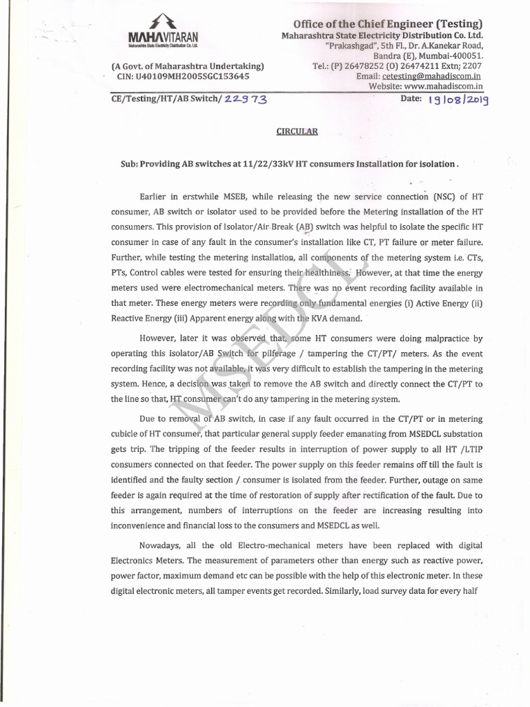 MSEDCL Circular0001 AB-switch | PDF | Electrical Engineering | Electricity