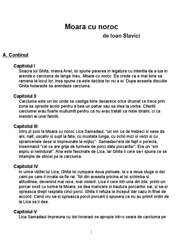rezumat pe capitole Moara cu noroc