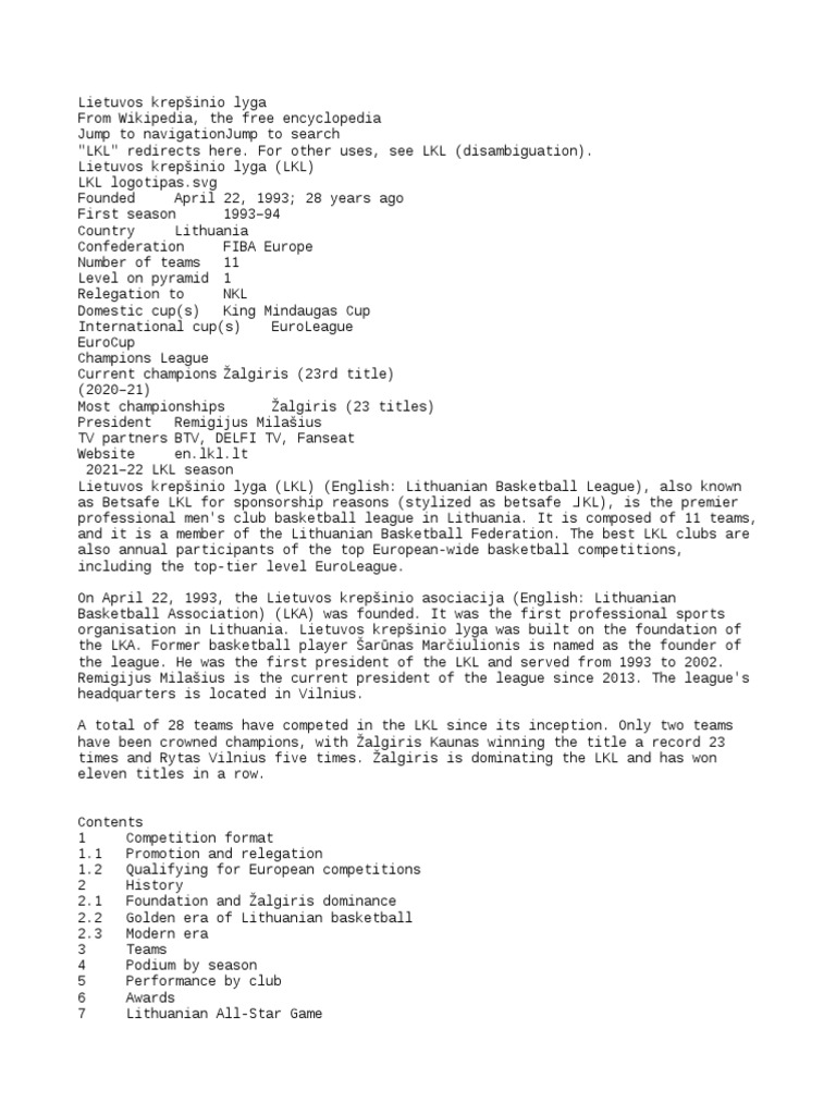 Lithuanian Basketball League | PDF | Sports Competitions | Sports Clubs