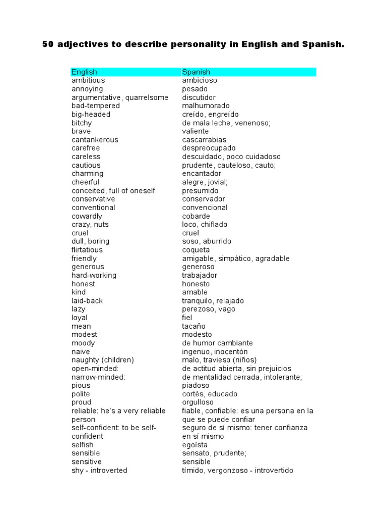 50 Adjectives to describe personality emglish-spanish