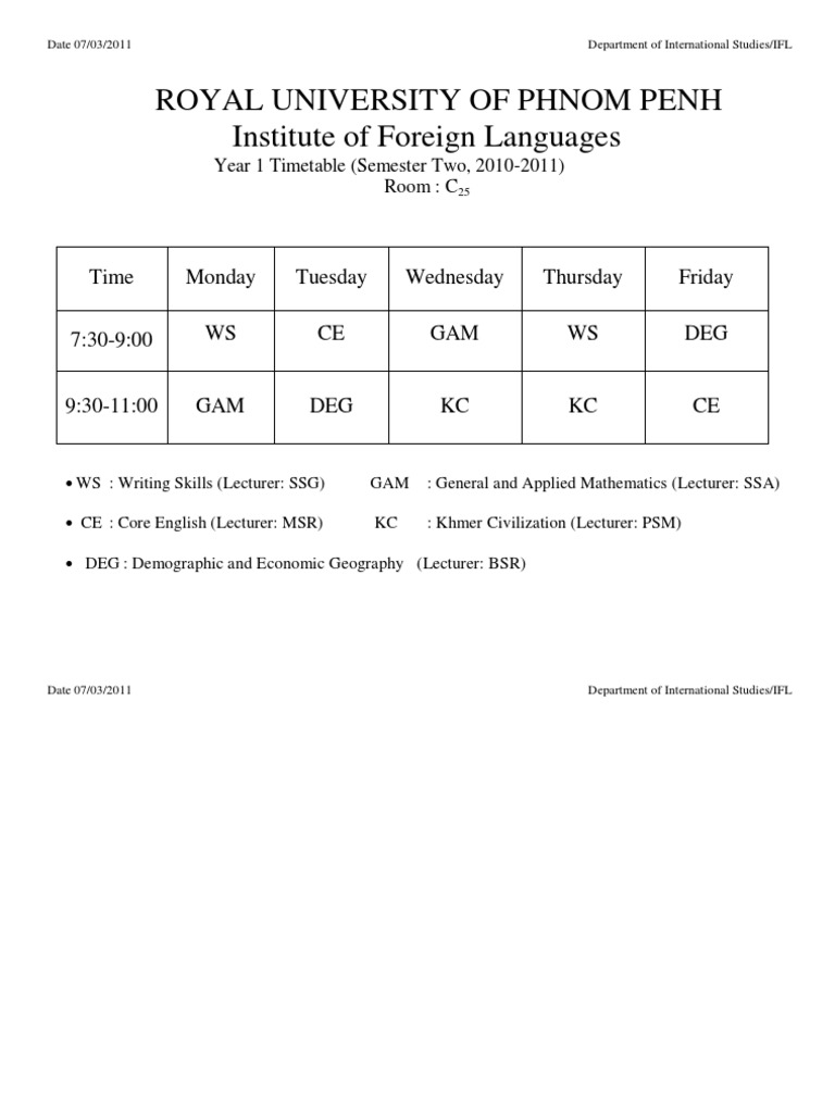 IFL Year 1 Timetable Semester 2 | PDF