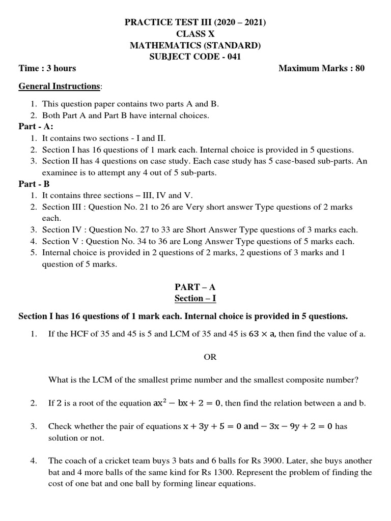 Class 10 Practice Test III Mathematics Standard | PDF | Circle ...