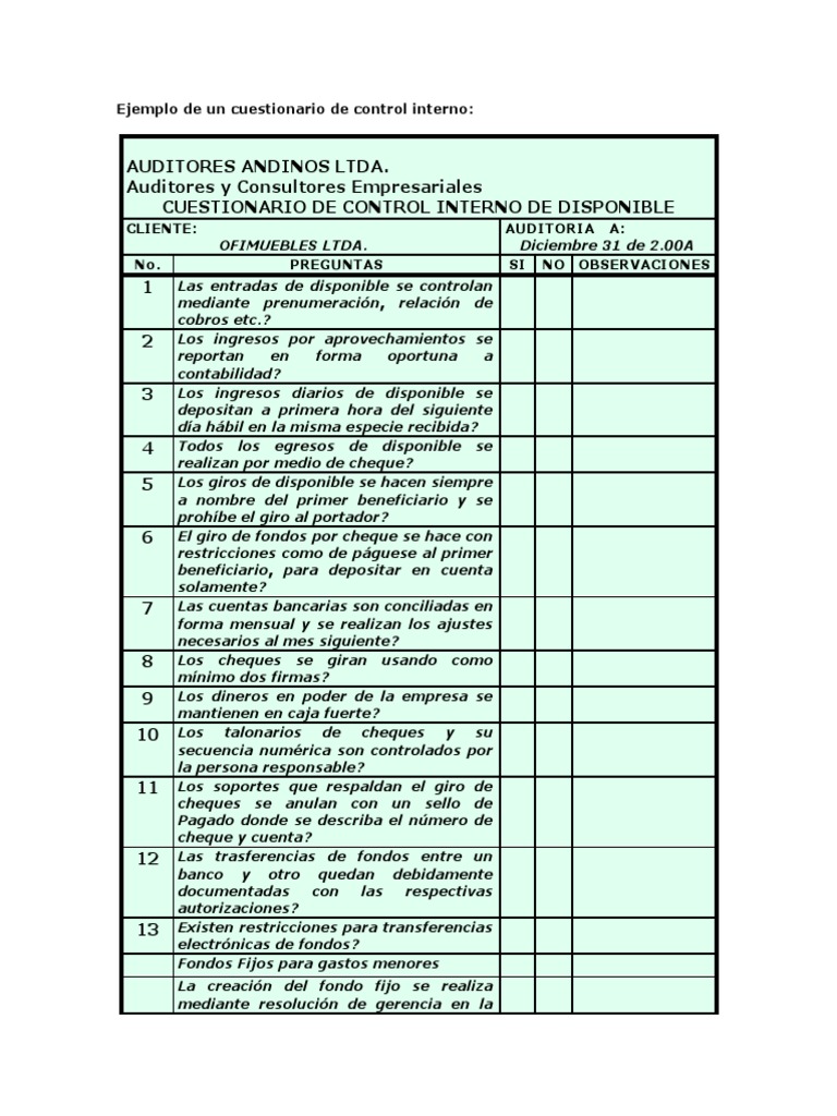 Ejemplo de Un Cuestionario de Control Interno | PDF | Cheque | Bancos