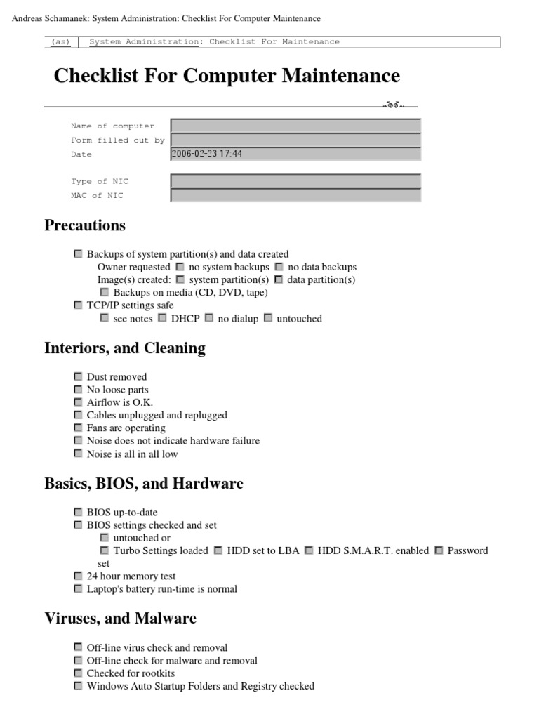 Maintenance Checklist | PDF | Secure Shell | Microsoft Windows