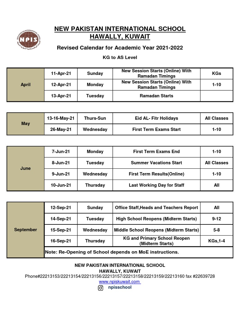 Npis Calendar 2021-2022 | Pdf | Academic Term | Schools