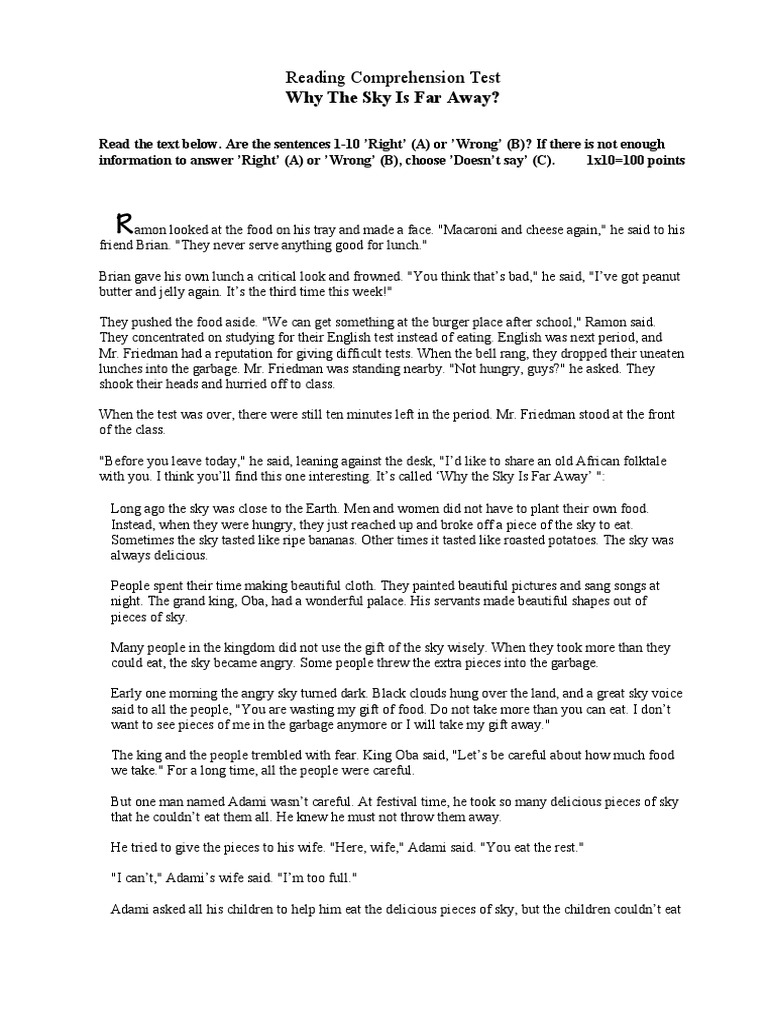 Why the sky is far away reading comprehension test pdf language