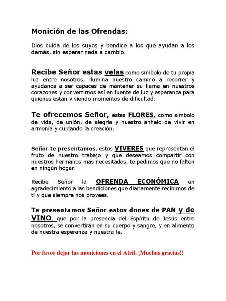 Monición de Las Ofrendas Especial PDF