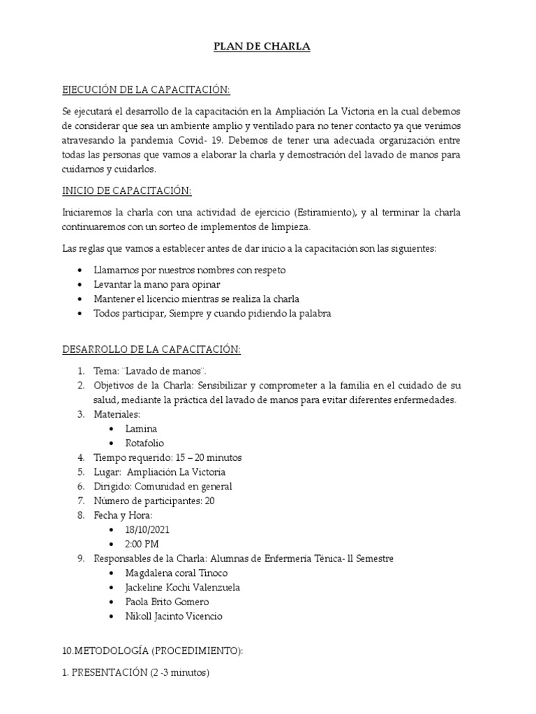 Esquema de Plan de Charla | PDF | Lavado de manos | Salud pública