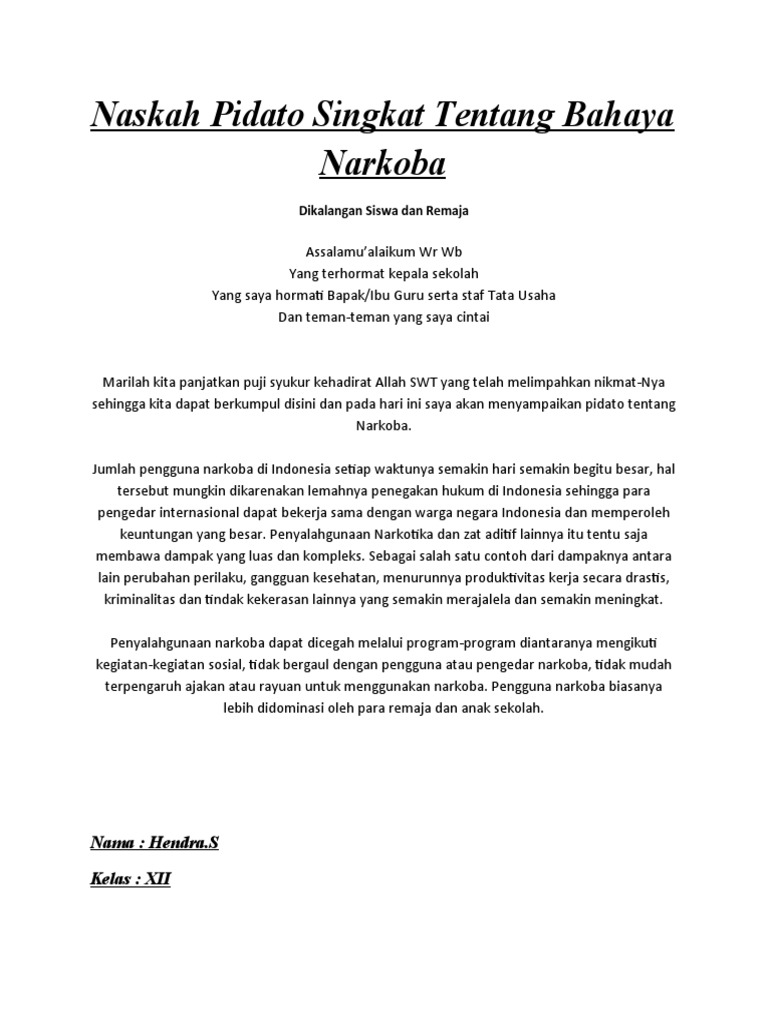 Naskah Pidato Singkat Tentang Bahaya Narkoba