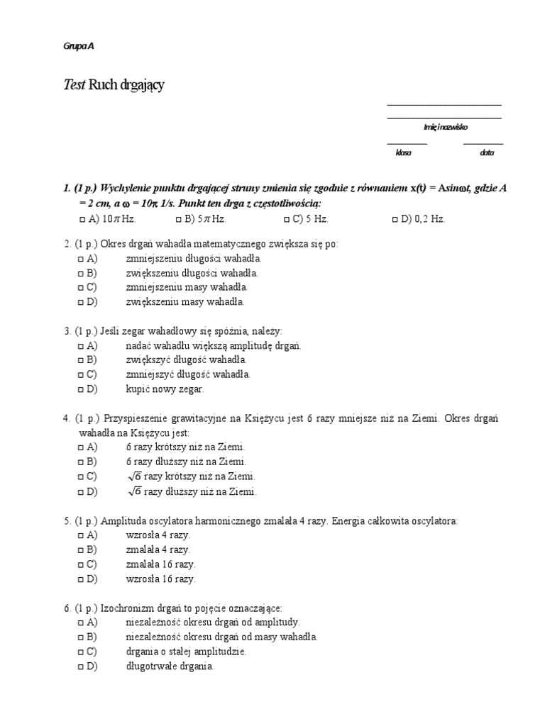 Sprawdzian Z Fizyki Ruch Drgający I Fale
