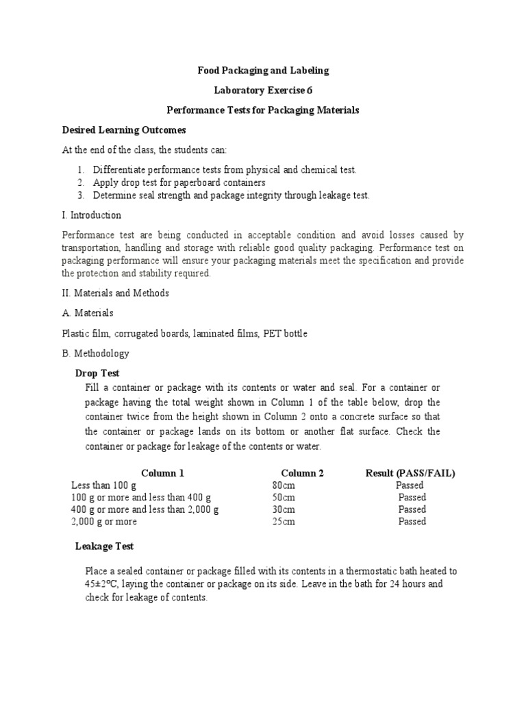 Food Packaging Performance Testing Methods | PDF | Packaging And ...