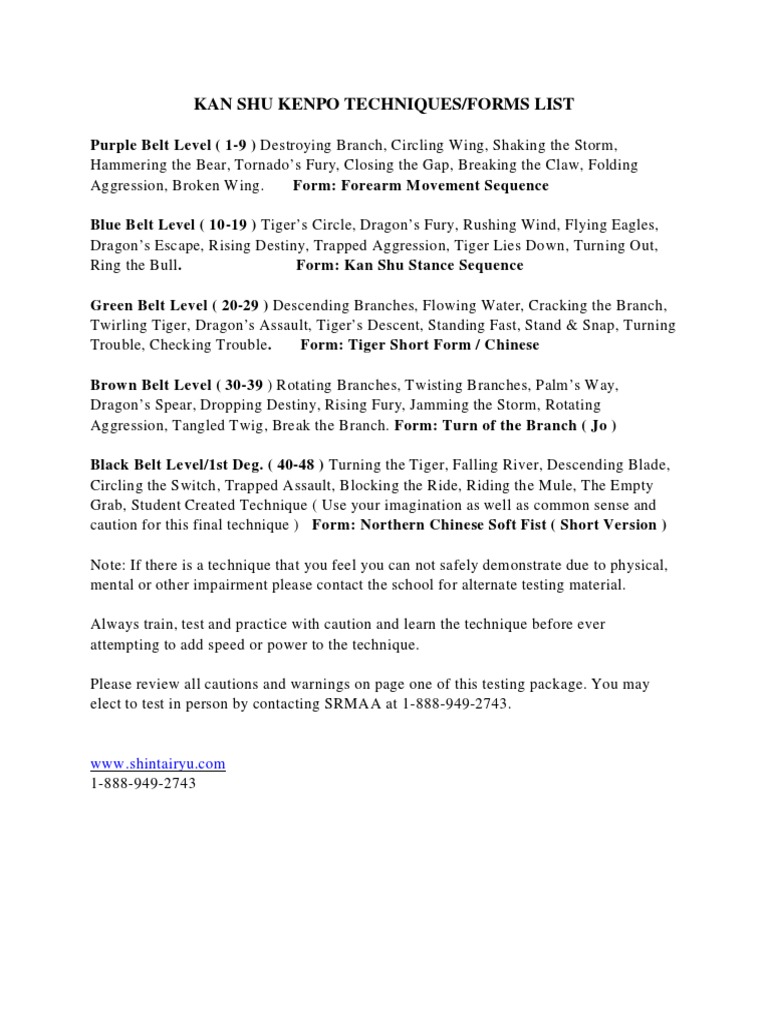 Kan Shu Kenpo Techniques/Forms List PDF