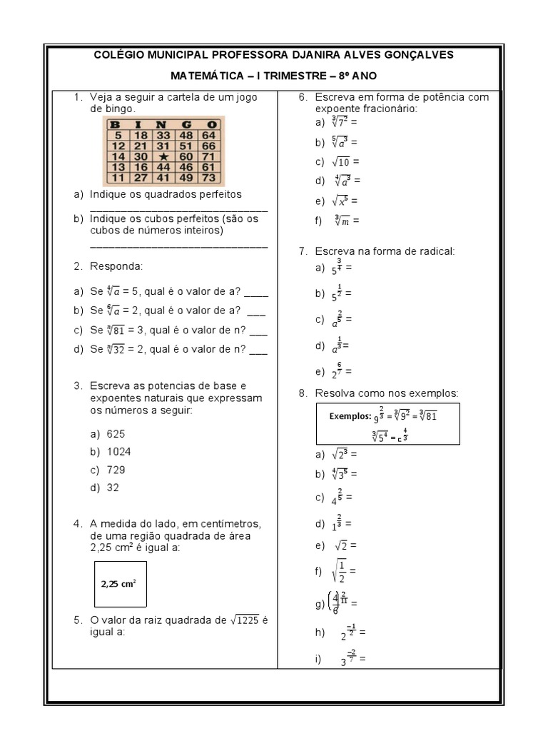 Exercícios de Raiz Quadrada - 8º Ano | PDF | Exponenciação | Álgebra