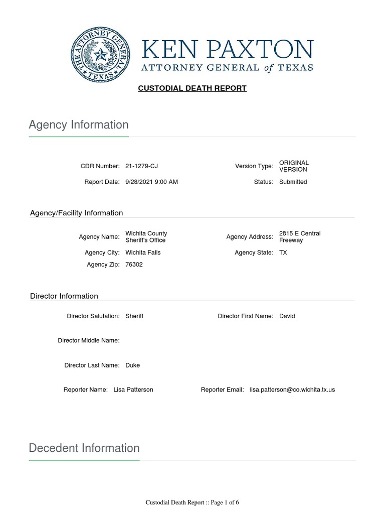 Wichita County Custodial Death Report | PDF | Coroner | Death