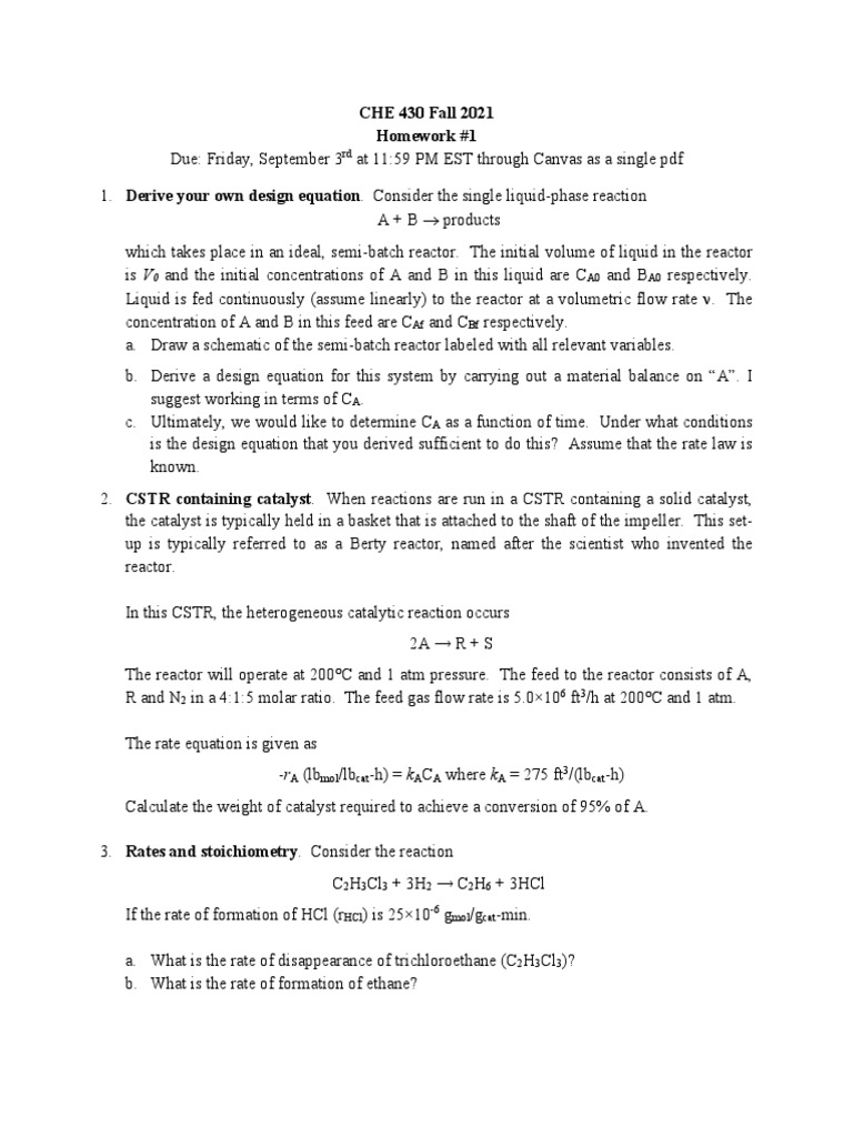 CHE 430 Fall 2021 Homework 1 Guide | PDF | Chemical Reactor | Catalysis