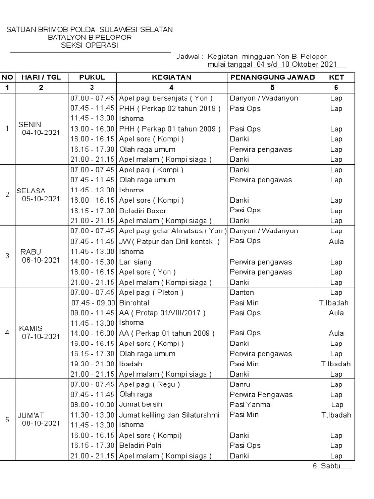 Jadwal Kegiatan Mingguan Batalyon B Pelopor Pdf