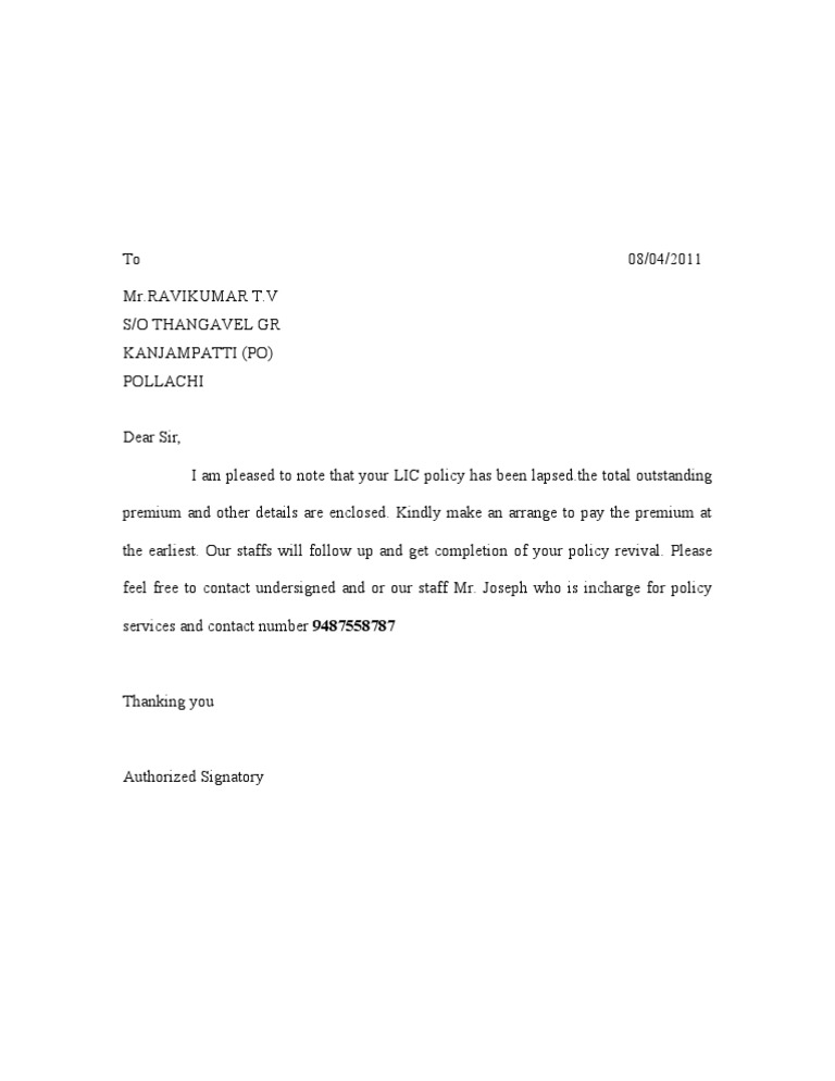 Intimation Letter To Pay Premium