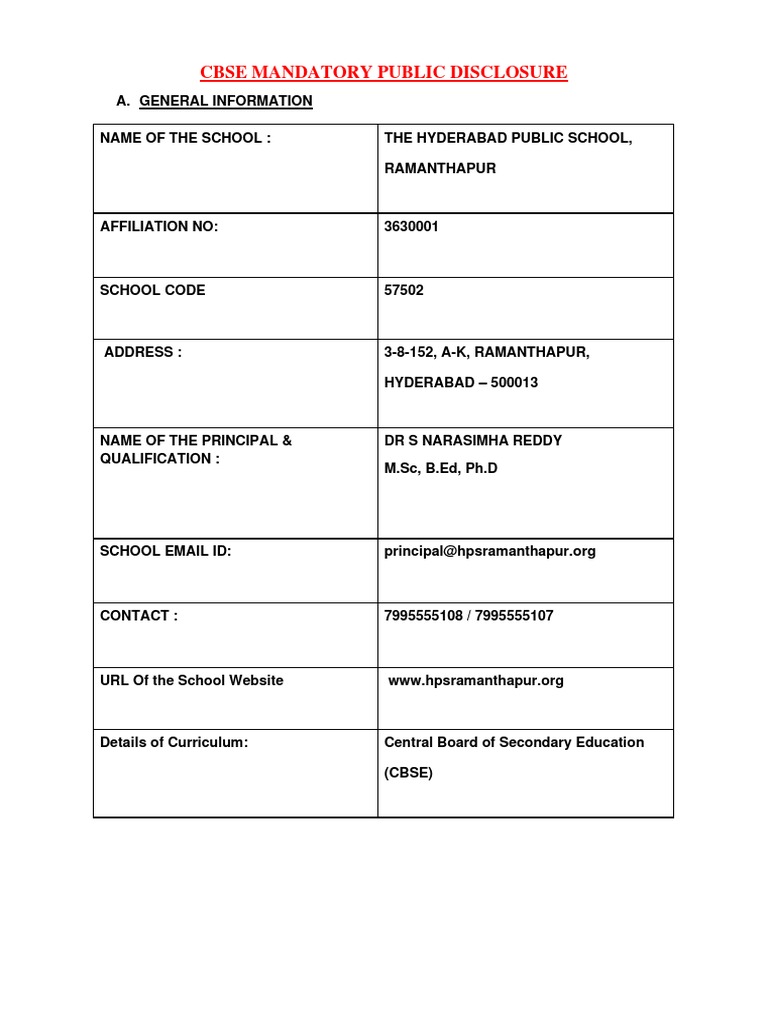 CBSE School Mandatory Public Disclosure | PDF | Science, Technology ...