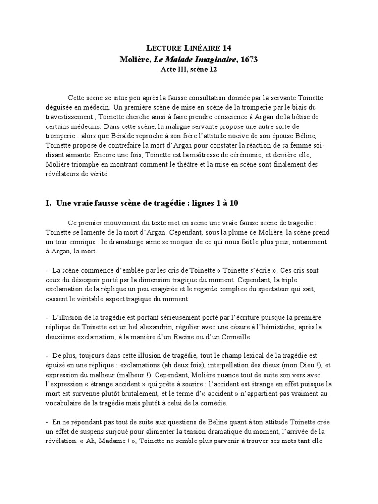 Analyse Linéaire Le Malade Imaginaire Acte 1 Scène 1 Moliere LL 14 | PDF | Molière | Théâtre