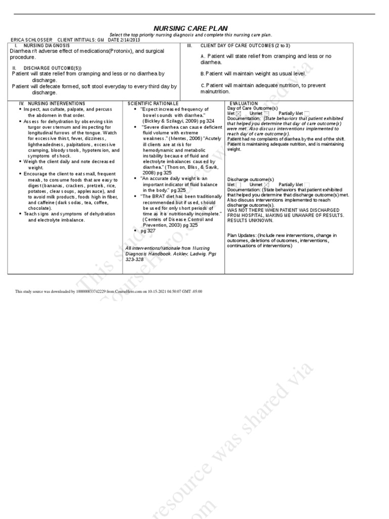Nursing Care Plan for Diarrhea Management | PDF | Diarrhea | Patient