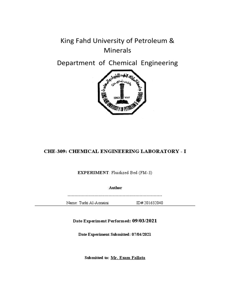 CHE309 Fluidized Bed Lab Report PDF Fluidization Reynolds Number