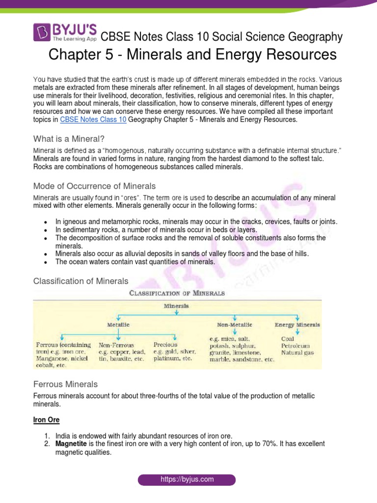Chapter 5 Minerals And Energy Resources Cbse Notes Class 10 Social