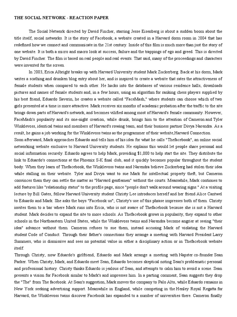 The Social Network: A Reaction Analysis | PDF | Facebook