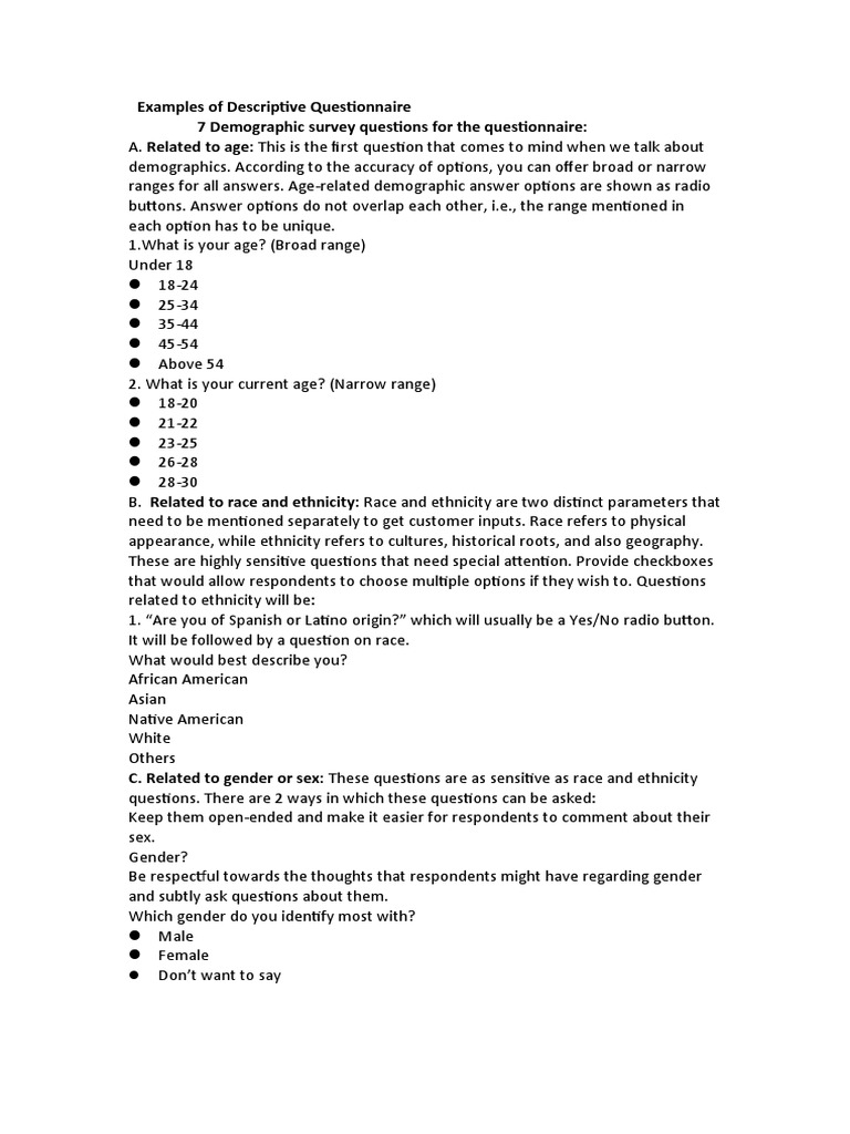 Examples of Descriptive Questionnaire 7 Demographic Survey Questions ...