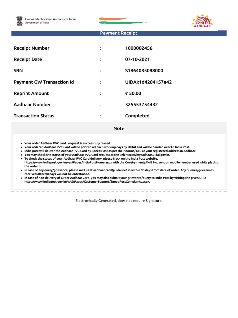 Aadhar PVC Card Acknowledgement Slip | PDF | Finance & Money Management